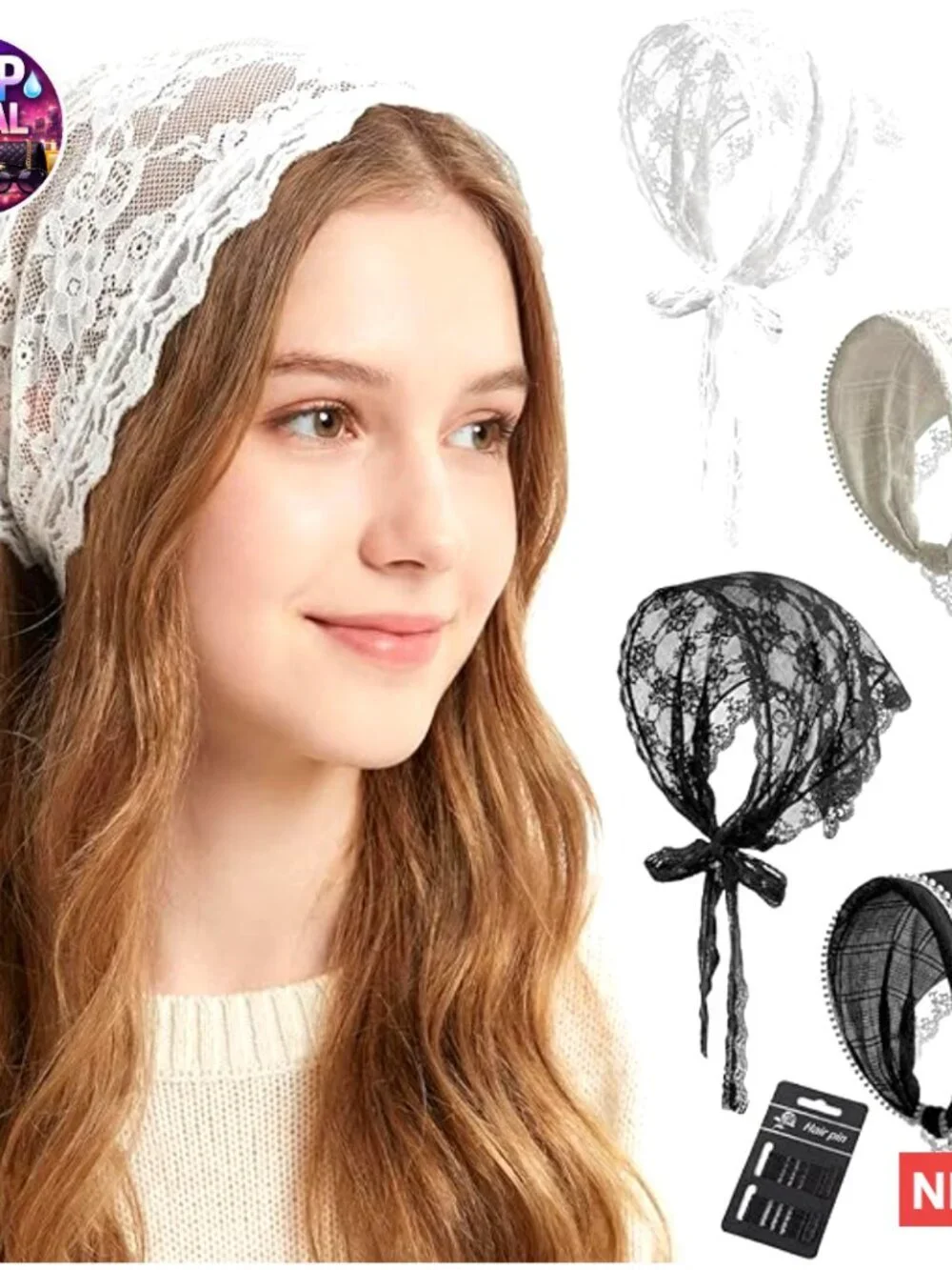 Lace Headscarf Set with Floral Design, 4 Pack
